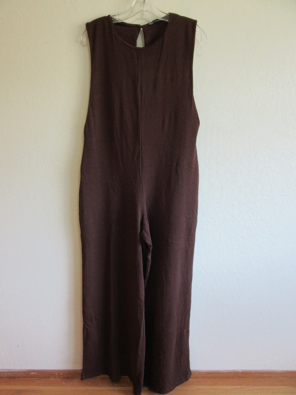 ZARA Brown Knit 100% Cotton Wide Leg L Sleeveless Jumpsuit-CA